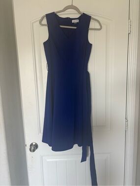 Calvin Klein Royal Blue V-Neck Tie-Waist Midi Dress